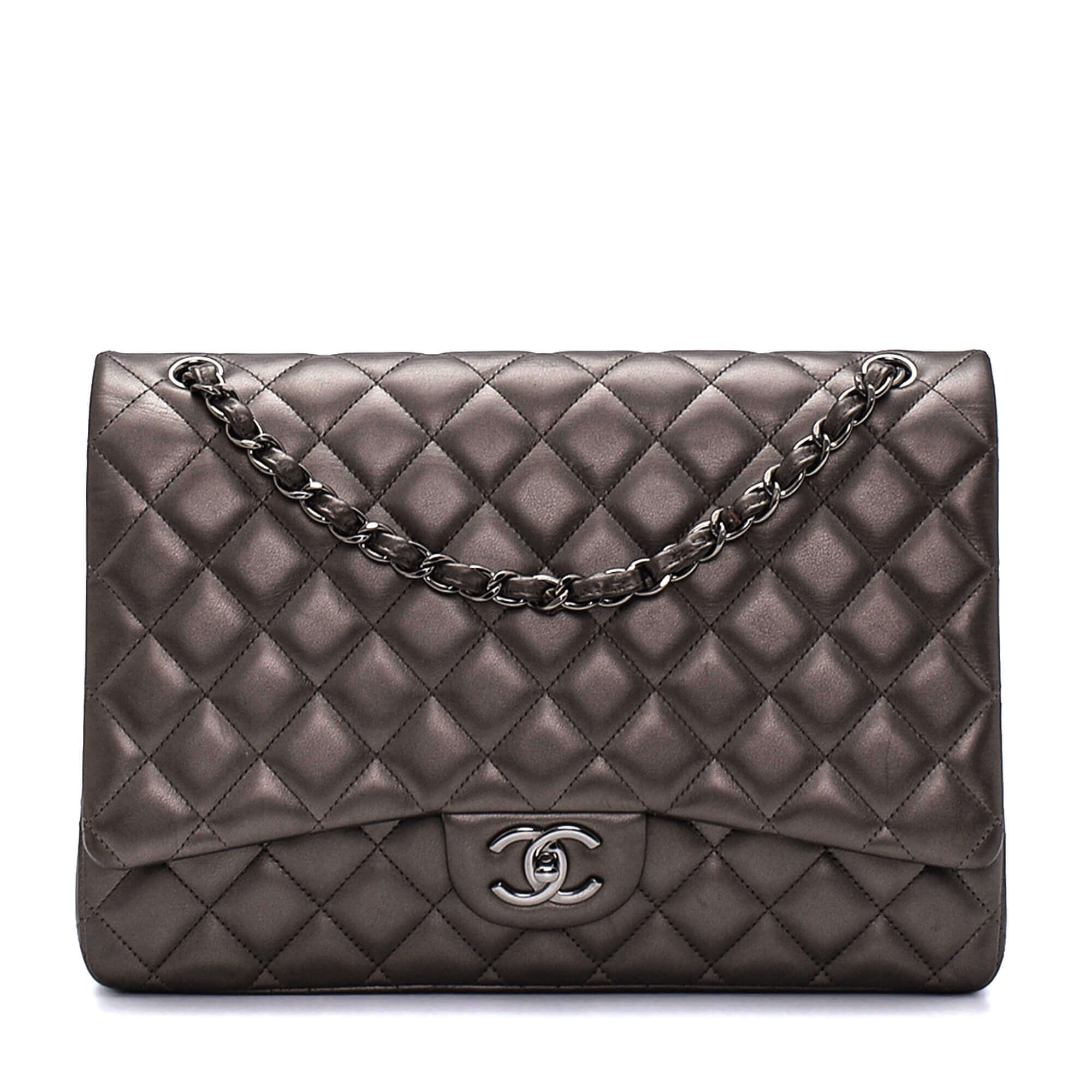 Chanel - Smooth Bronze Lambskin Quilted Double Flap Maxi Jumbo Bag